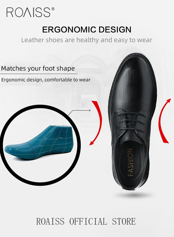 Formal Business Leather Shoes for Men Round Toe Low Top Lace up Front Anti Slip Height Increasing Shoes Mens High Fashion Textures Soft Sole Comfort Wedding Groom Shoes