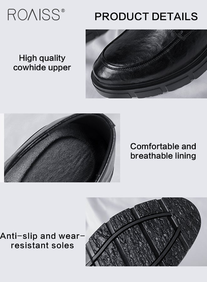 Formal Business Leather Shoes for Men Round Toe Low Top Lace up Front Anti Slip Height Increasing Shoes Mens Burnished Premium Textured Soft Sole Comfort Wedding Groom Shoes