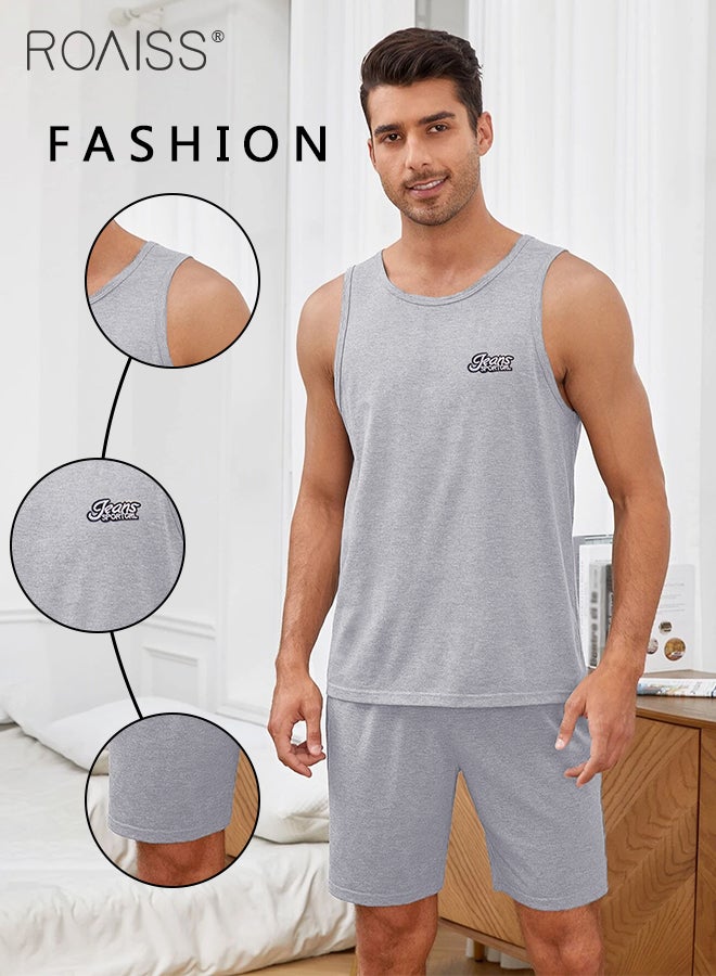 2Pcs Pure Cotton Pajamas Suit for Men H Type Round Neck Sleeveless Vest and Comfortable Loose Shorts Mens Summer Letter Pattern Soft Skin-Friendly Pyjama Set Suitable for Boyfriend Husband Dad Son