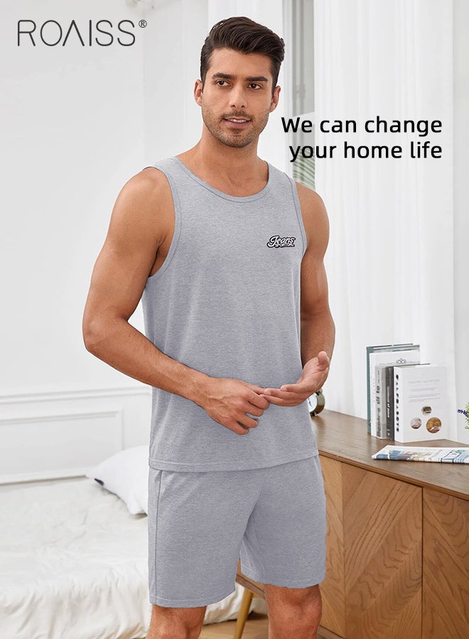 2Pcs Pure Cotton Pajamas Suit for Men H Type Round Neck Sleeveless Vest and Comfortable Loose Shorts Mens Summer Letter Pattern Soft Skin-Friendly Pyjama Set Suitable for Boyfriend Husband Dad Son