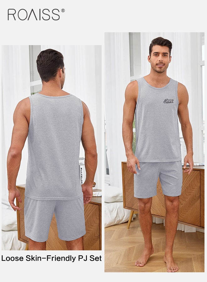 2Pcs Pure Cotton Pajamas Suit for Men H Type Round Neck Sleeveless Vest and Comfortable Loose Shorts Mens Summer Letter Pattern Soft Skin-Friendly Pyjama Set Suitable for Boyfriend Husband Dad Son