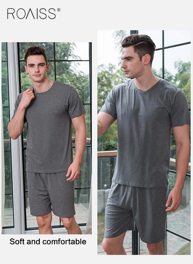 2Pcs Pure Cotton Home Pajamas Set for Men Summer Round Neck Loose Short Sleeve and Comfortable Elastic Waistband Shorts Simple Pure Color Breathable Casual Pyjama Suit