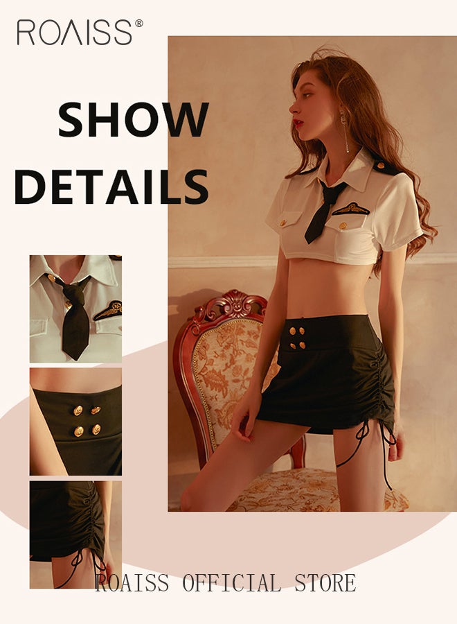 2Pcs Stewardess Police Uniform Lingerie Set for Women Milk Silk Fabric Lapel Shirt Short Top and Mini Hip-Covering Skirt Ladies Sailor Suit Underwear Suit Cosplay Costumes