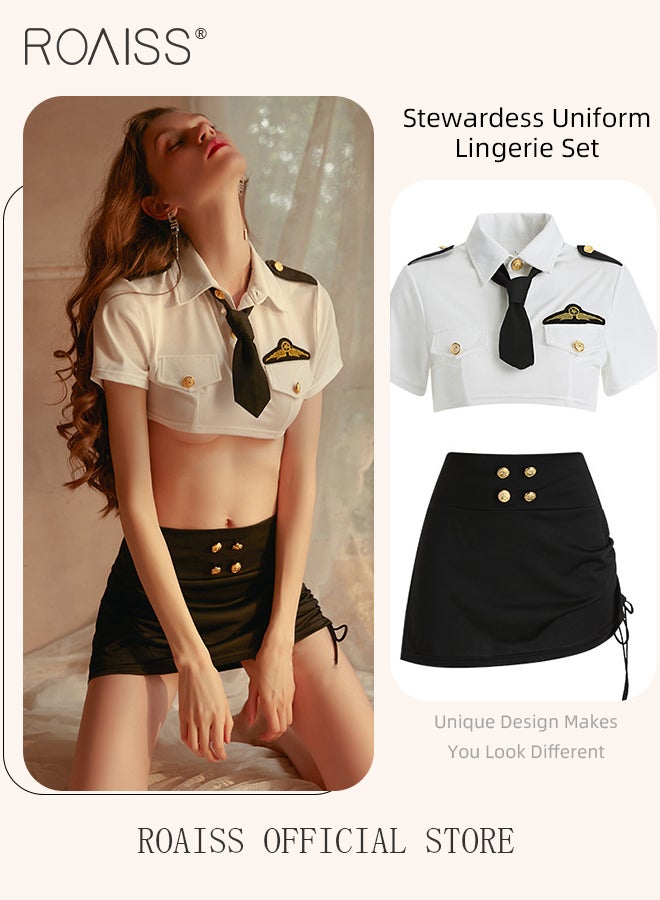 2Pcs Stewardess Police Uniform Lingerie Set for Women Milk Silk Fabric Lapel Shirt Short Top and Mini Hip-Covering Skirt Ladies Sailor Suit Underwear Suit Cosplay Costumes