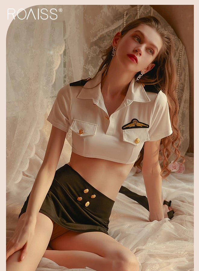 2Pcs Stewardess Police Uniform Lingerie Set for Women Milk Silk Fabric Lapel Shirt Short Top and Mini Hip-Covering Skirt Ladies Sailor Suit Underwear Suit Cosplay Costumes