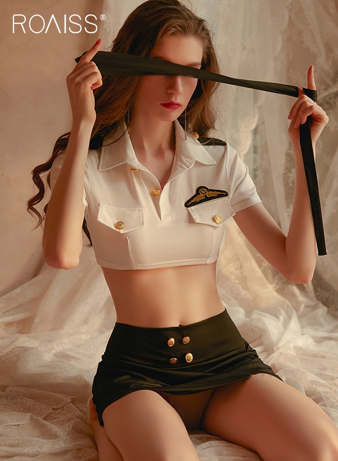 2Pcs Stewardess Police Uniform Lingerie Set for Women Milk Silk Fabric Lapel Shirt Short Top and Mini Hip-Covering Skirt Ladies Sailor Suit Underwear Suit Cosplay Costumes