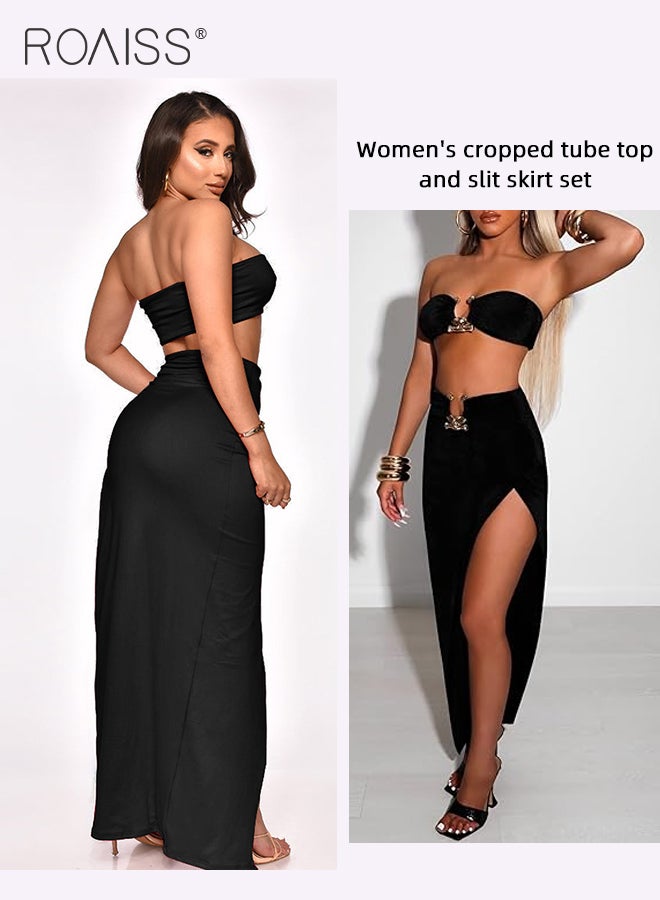 2Pcs Tube Top Tight Nightclub Suit for Women Hollow Push up Underwear and Mermaid Hip-Covering High Slit Long Skirt Ladies Adult Charming Boudoir Outfits with Open Design