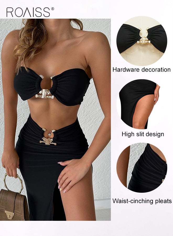 2Pcs Tube Top Tight Nightclub Suit for Women Hollow Push up Underwear and Mermaid Hip-Covering High Slit Long Skirt Ladies Adult Charming Boudoir Outfits with Open Design