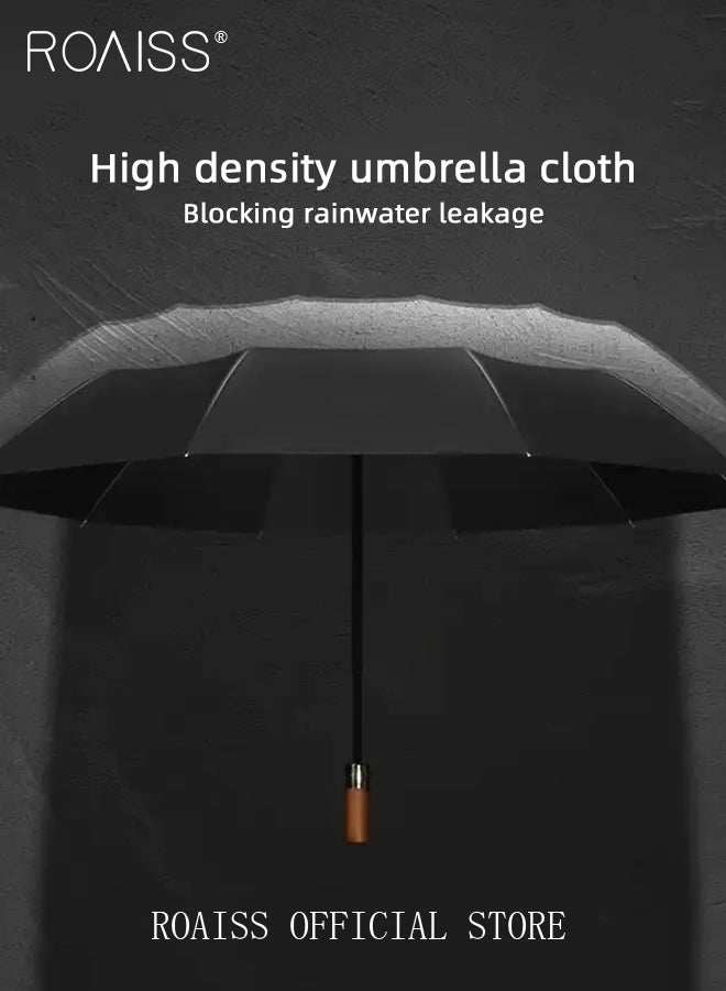 Unisex Multi Functional Semi Automatic Umbrella with Wooden Shaft Windproof Reinforced Dual Person Business Style 72 Rib Large Canopy Semi Automatic Umbrella for Rain or Shine