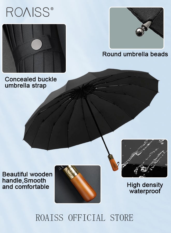 Unisex Multi Functional Semi Automatic Umbrella with Wooden Shaft Windproof Reinforced Dual Person Business Style 72 Rib Large Canopy Semi Automatic Umbrella for Rain or Shine
