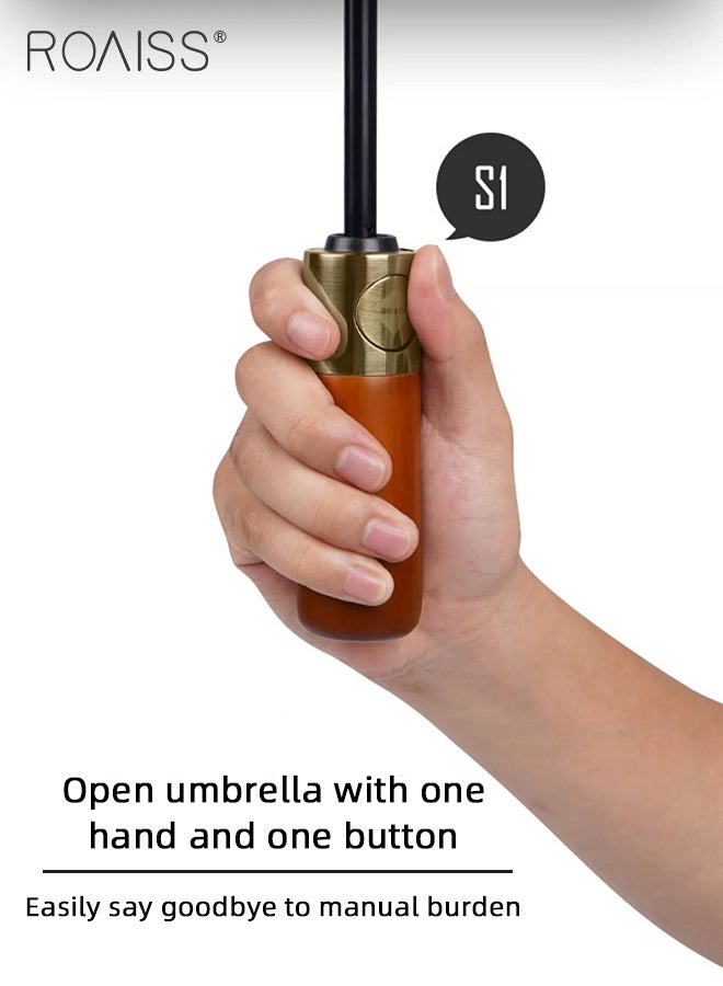 Unisex Multi Functional Semi Automatic Umbrella with Wooden Shaft Windproof Reinforced Dual Person Business Style 72 Rib Large Canopy Semi Automatic Umbrella for Rain or Shine