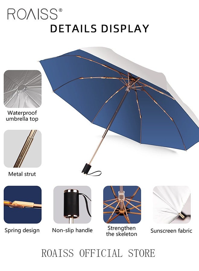 3 Fold Multi-functional Sun Umbrella with Super Sun and UV Protection Double-Layer Vinyl Sunshade 8 Rib Design for Rain and Shine Upf50+ Suitable for Commuting and Traveling Outdoors