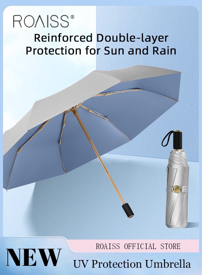 3 Fold Multi-functional Sun Umbrella with Super Sun and UV Protection Double-Layer Vinyl Sunshade 8 Rib Design for Rain and Shine Upf50+ Suitable for Commuting and Traveling Outdoors