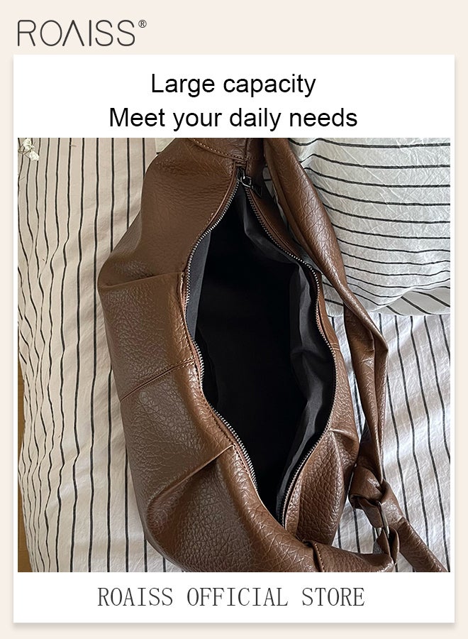 Retro Soft Leather Pleated Dumpling Bag Lazy Style Casual and Versatile Horn Single Shoulder Crossbody Bag Large Capacity Zippered Hidden Pocket and Small Side Pocket Adjustable Shoulder Strap