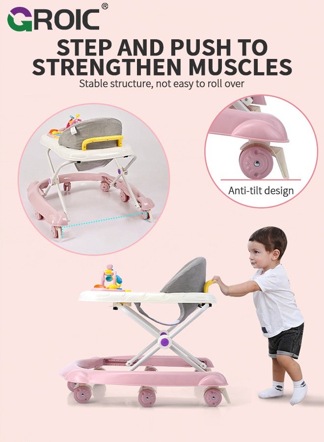 4 in 1 Baby Walker, Foldable, Discover & Play Musical Walker with Removable Footrest, Feeding Tray, 2 Mode Walk-Behind, Adjustable Height, High Back Padded Seat, Activity Walker with Toys