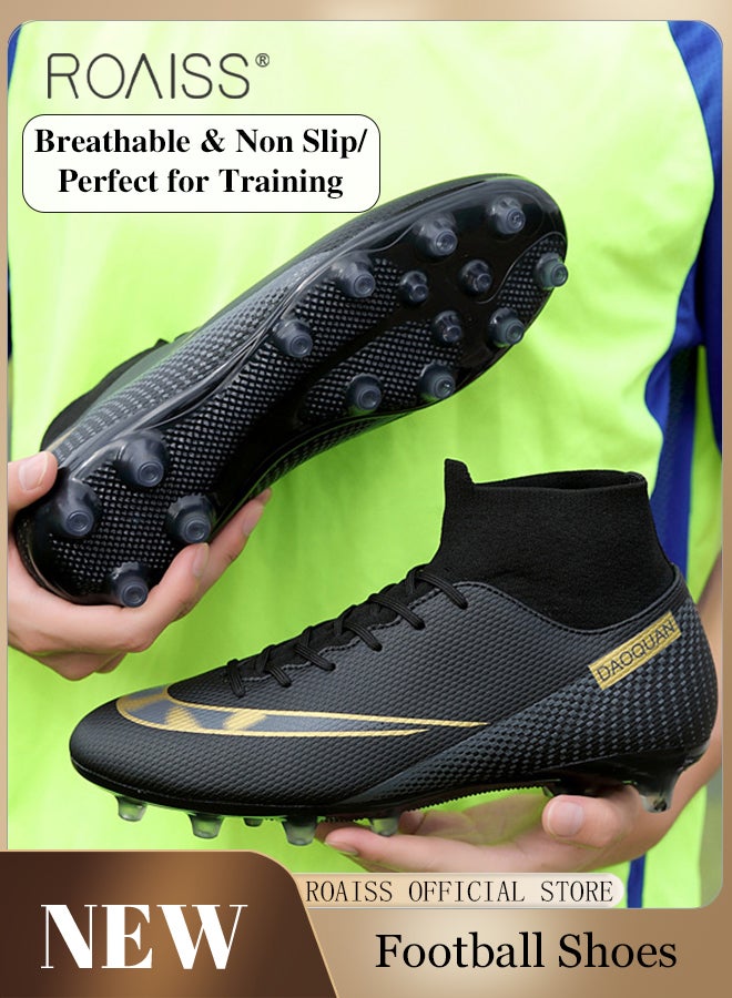 Professional Spikes Soccer Cleats for Man Youth High Top Competition Training Shoes Mens Front Lace up Breathable Outdoor Sneakers Athletic Anti Slip Soft Sole Sports Shoes for All Seasons