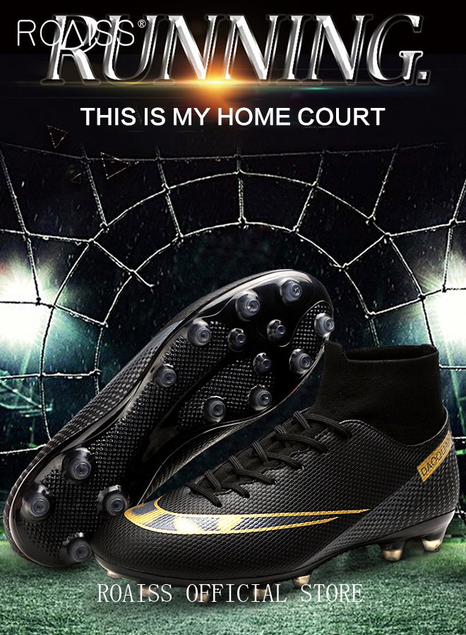 Professional Spikes Soccer Cleats for Man Youth High Top Competition Training Shoes Mens Front Lace up Breathable Outdoor Sneakers Athletic Anti Slip Soft Sole Sports Shoes for All Seasons