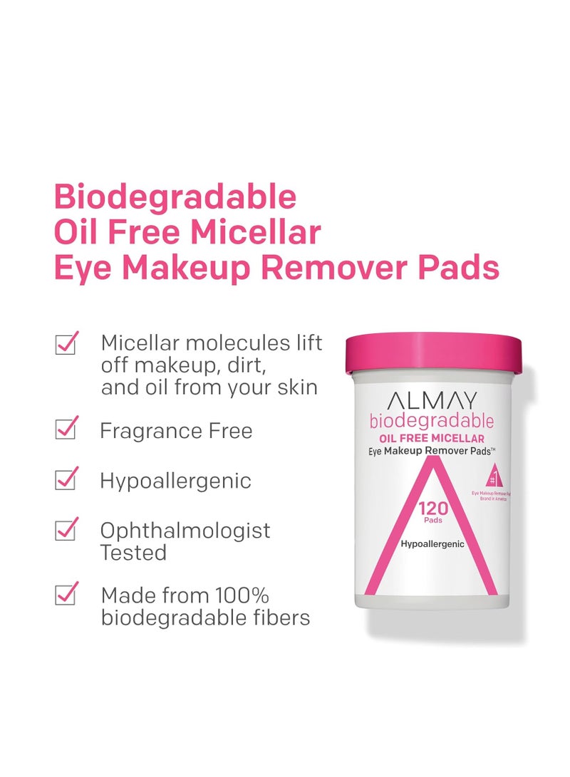 Almay Biodegradable Eye Makeup Remover Pads, Micellar Gentle, Stocking Stuffer for Women, Hypoallergenic, Fragrance-Free, 120 Count (Pack of 1)