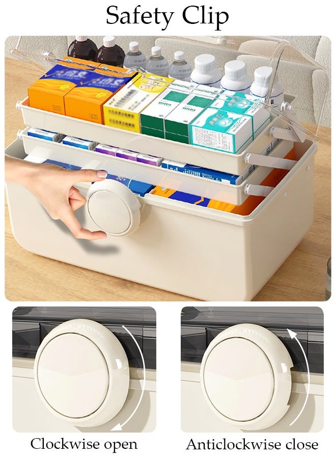 Medicine Box Plastic Medicine Storage Box Family Emergency Kit Medical Kit 3 Layers Home First Aid Box Child Proof Medicine Box Organizer Pill Case with Compartments and Handle