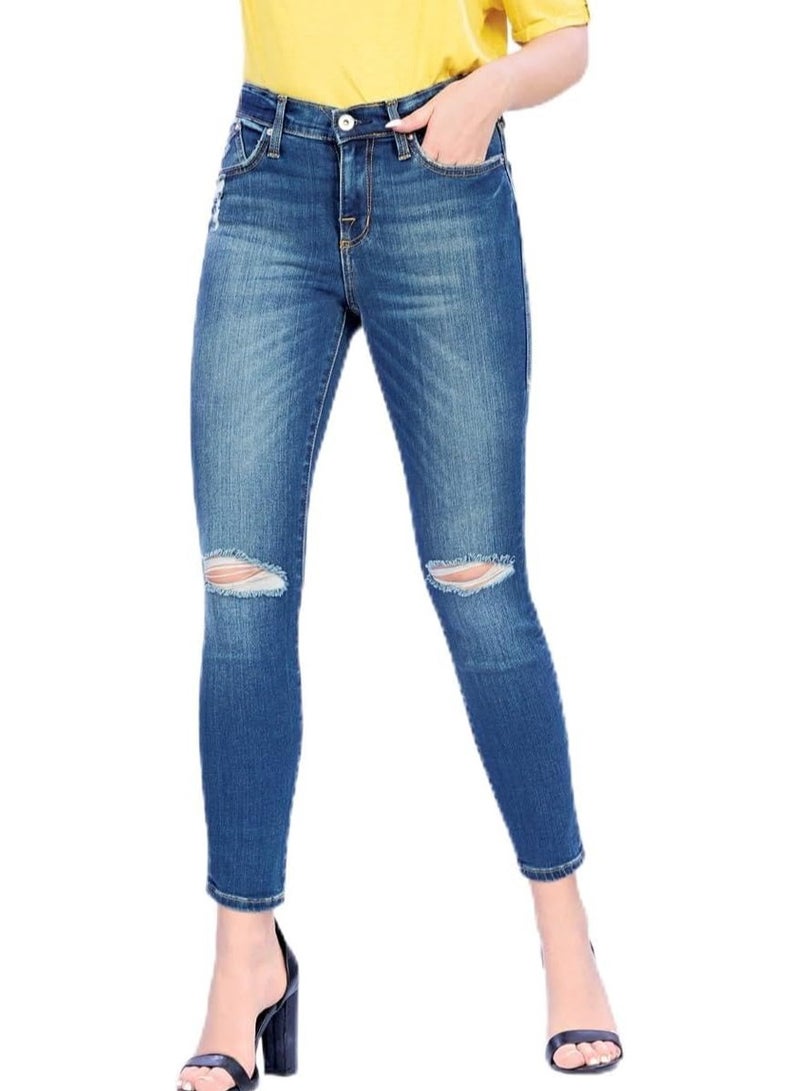 Web Denim Blue Highwaist Skinny Stretchable Straight Ripped Denim Pant Fashionable Comfort Fit Casual Destructed Cotton Jeans With Pockets For Women