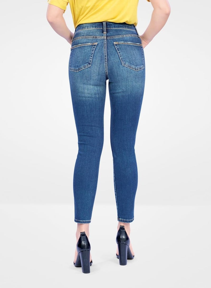 Web Denim Blue Highwaist Skinny Stretchable Straight Ripped Denim Pant Fashionable Comfort Fit Casual Destructed Cotton Jeans With Pockets For Women