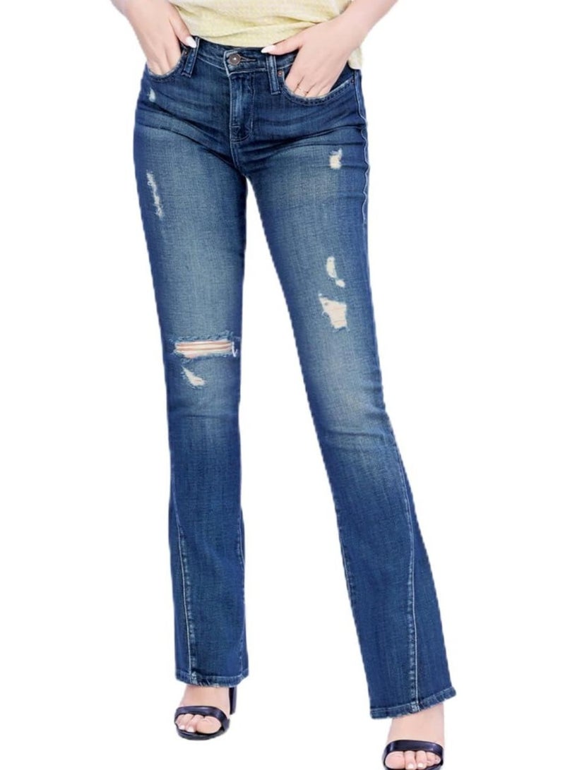 Web Denim Blue Highwaist Skinny Stretchable Straight Ripped Denim Flair Pant Fashionable Comfort Fit Casual Destructed Cotton Jeans With Pockets For Women