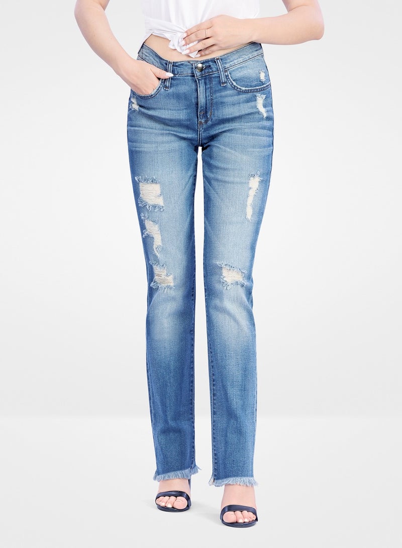 Web Denim Blue Skinny Stretchable Straight Ripped Denim Pant Fashionable Comfort Fit Casual Destructed Cotton Jeans With Pockets For Women