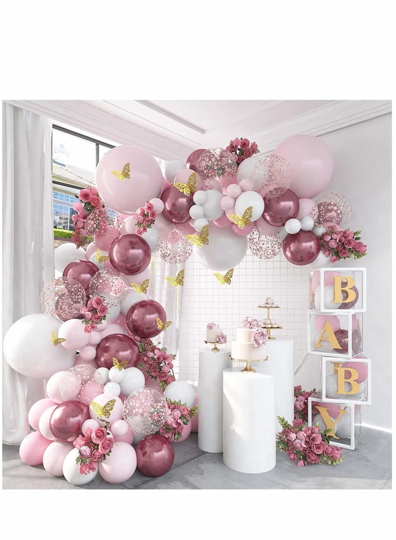 Baby Shower Decorations for Girl 140 Pcs Pink Balloon Garland Metallic Pink White Balloon Arch Kit Butterfly Stickers Rose Gold Confetti Balloons for Bridal Shower Birthday Party Decorations