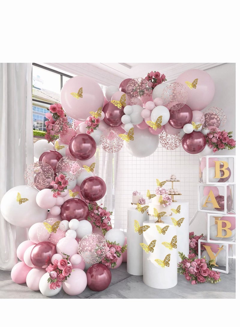 Baby Shower Decorations for Girl 140 Pcs Pink Balloon Garland Metallic Pink White Balloon Arch Kit Butterfly Stickers Rose Gold Confetti Balloons for Bridal Shower Birthday Party Decorations