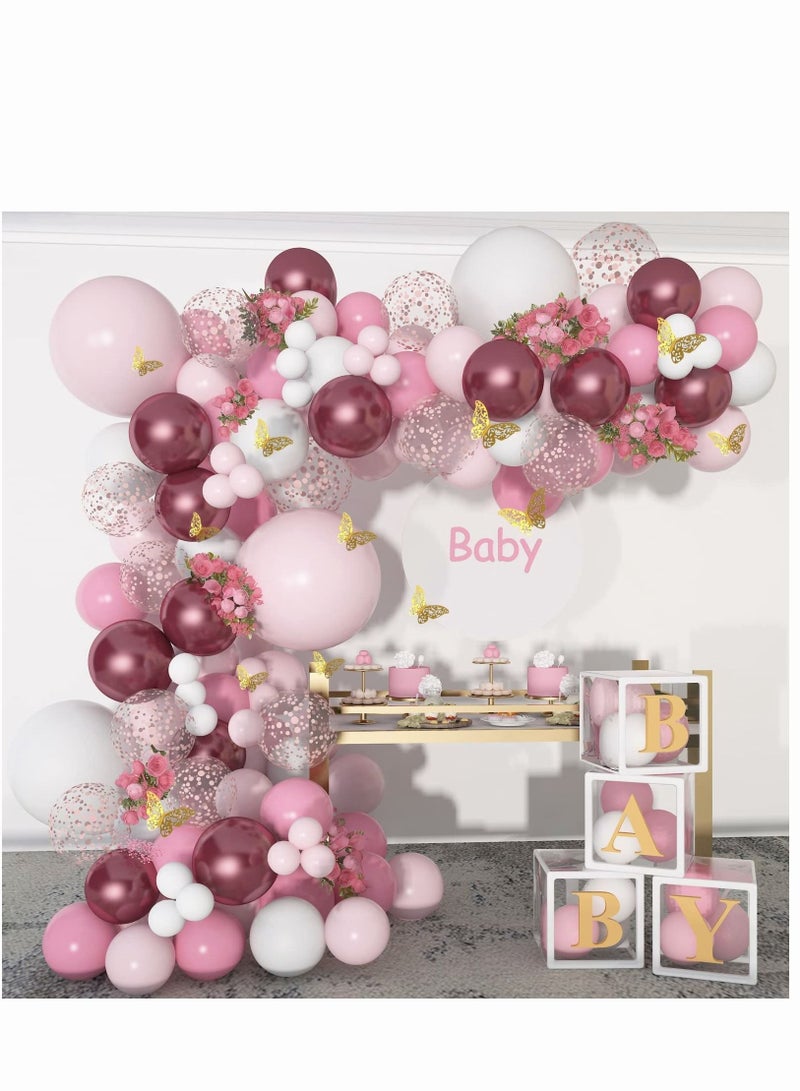 Baby Shower Decorations for Girl 140 Pcs Pink Balloon Garland Metallic Pink White Balloon Arch Kit Butterfly Stickers Rose Gold Confetti Balloons for Bridal Shower Birthday Party Decorations