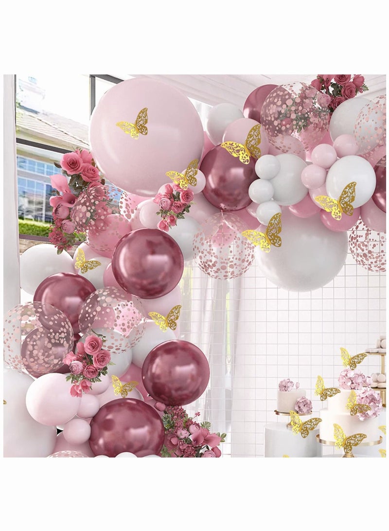 Baby Shower Decorations for Girl 140 Pcs Pink Balloon Garland Metallic Pink White Balloon Arch Kit Butterfly Stickers Rose Gold Confetti Balloons for Bridal Shower Birthday Party Decorations