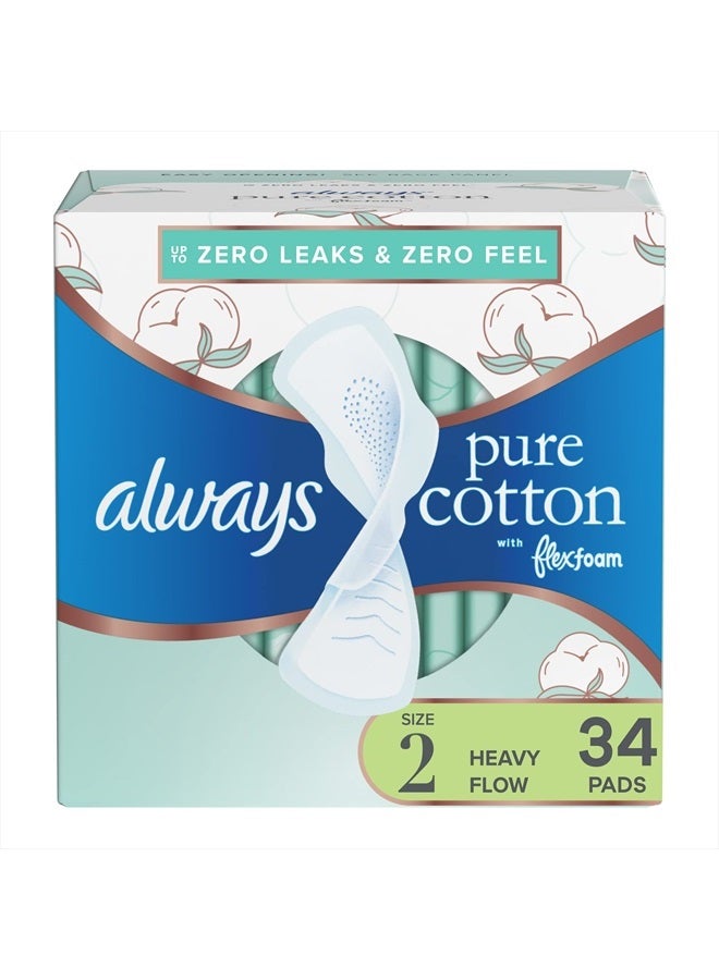 Pure Cotton Feminine Pads for Women, Size 2, Heavy Flow, with wings, unscented, 34 Count