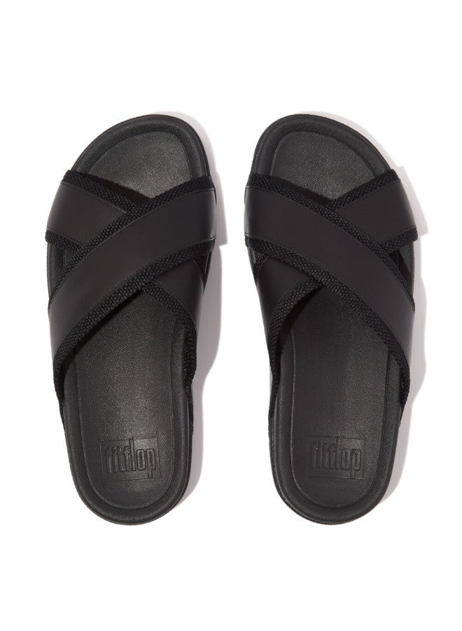 049-802 Fitflop Men Surfer Men'S Webbing/Leather Cross Slides HB9-001 Black