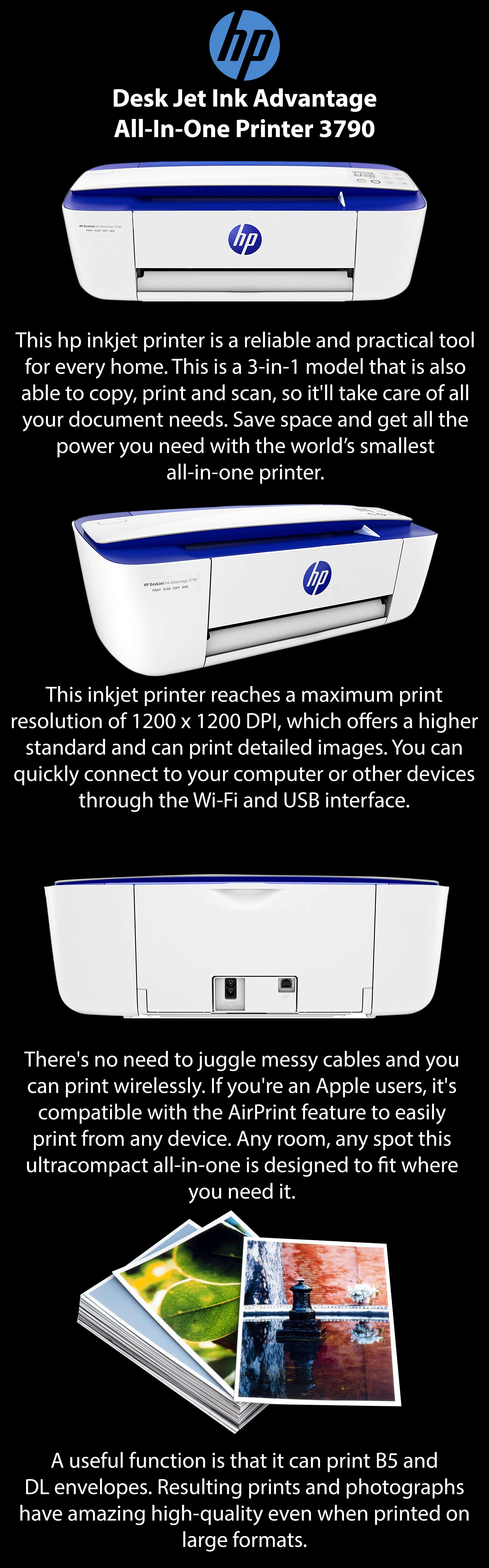 DeskJet Ink Advantage 3790 Wireless All-in-One Printer, Print, Copy, Scan T8W47C White/Blue