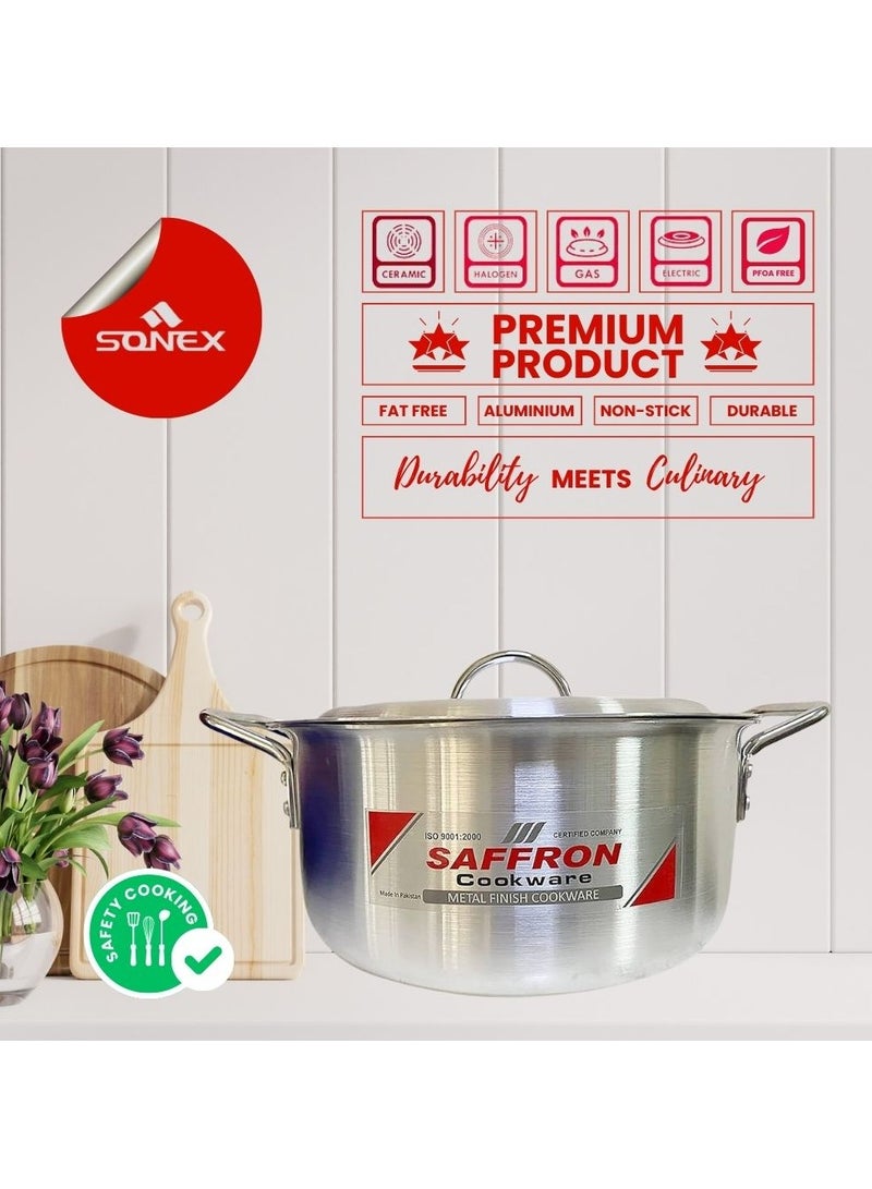 Sonex Saffron Cooking Pot 26 cm,  Capacity 6.5 Ltr, Cookware With Lid,Ergonomic Handle For Secure Grip,Premium Aluminum Metal Finish,Durable & Light Weight, Silver
