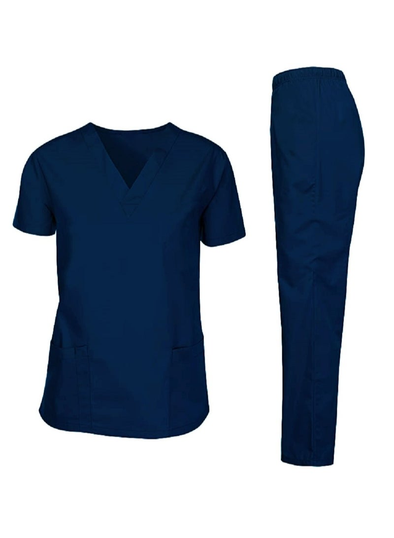 Scrubs Medical Uniform Unisex Top and Pants Navy Blue Nurse Suit Set