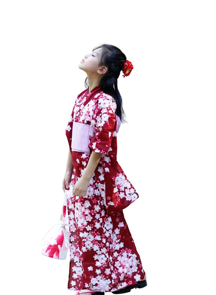 Children Girls Red Japanese Kimono Bathrobe Gown Print Flower Performance Clothing Yukata Soft Cosplay Costume…