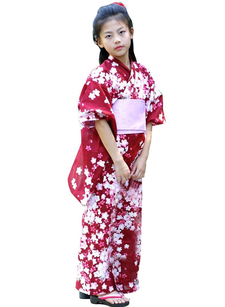 Children Girls Red Japanese Kimono Bathrobe Gown Print Flower Performance Clothing Yukata Soft Cosplay Costume…