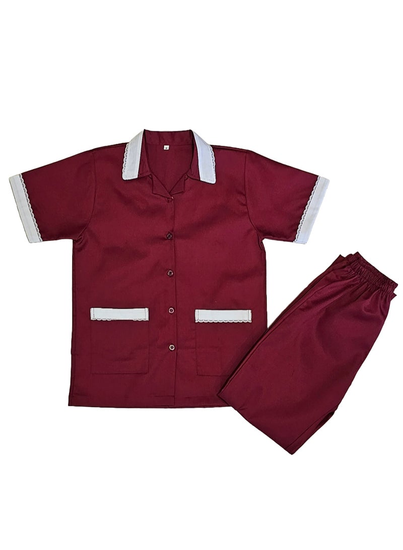 Maid Uniform with Buttons Top and Pants Maroon Domestic Helper Uniform