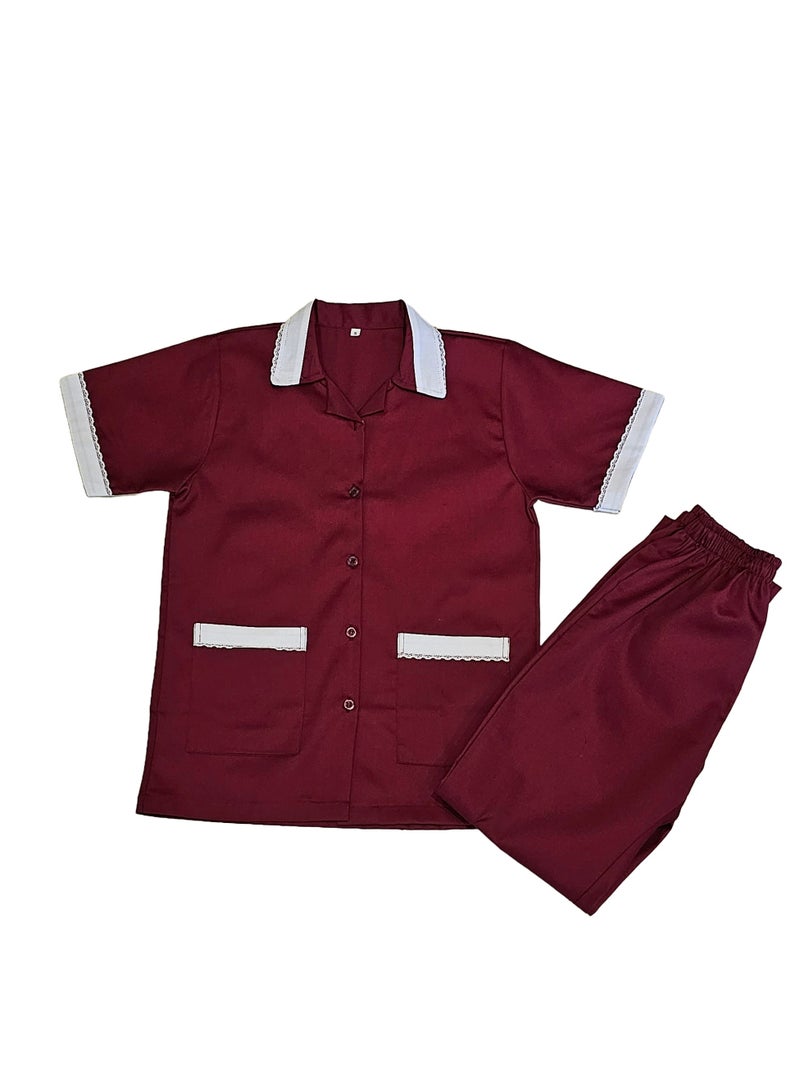 Maid Uniform with Buttons Top and Pants Maroon Domestic Helper Uniform