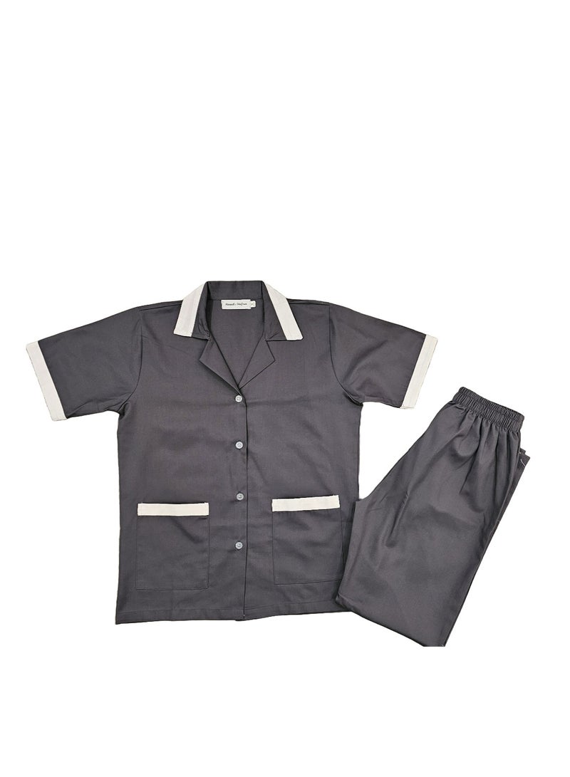 Maid Uniform with Buttons Top and Pants Grey Domestic Helper Uniform