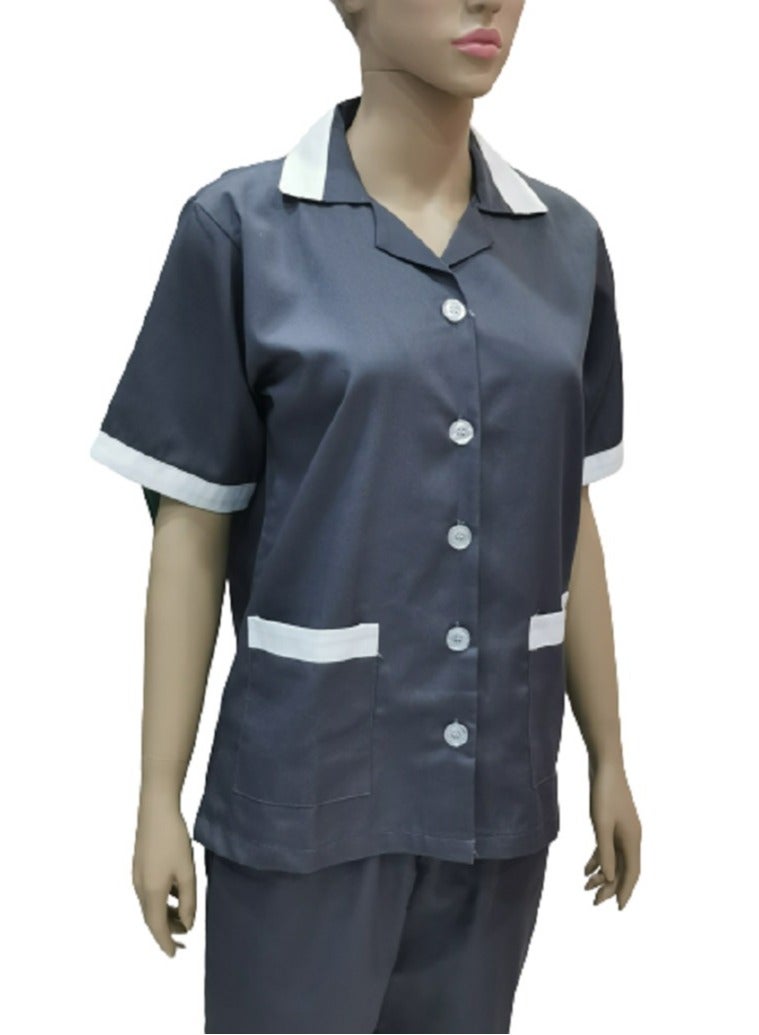 Maid Uniform with Buttons Top and Pants Grey Domestic Helper Uniform