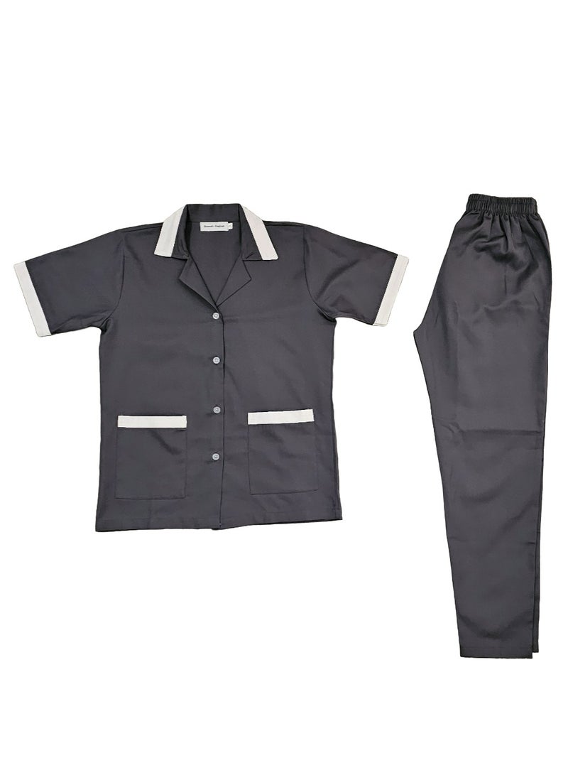 Maid Uniform with Buttons Top and Pants Grey Domestic Helper Uniform