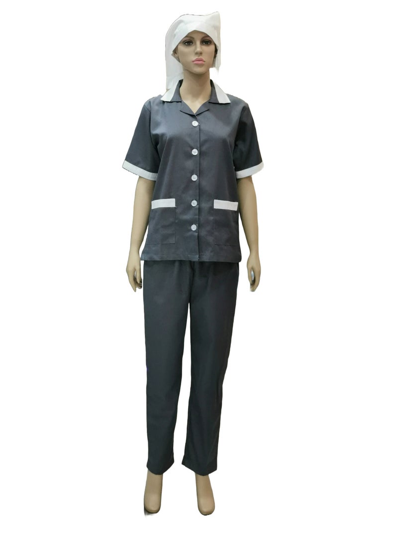 Maid Uniform with Buttons Top and Pants Grey Domestic Helper Uniform