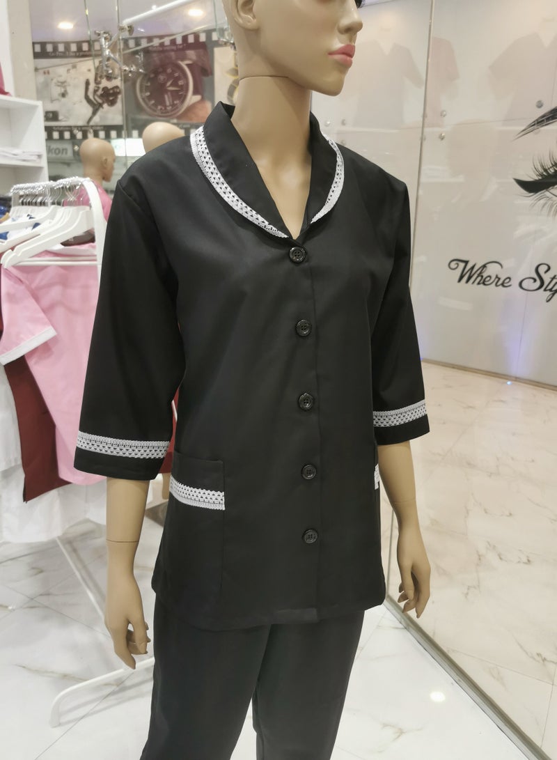 Domestic Helper Uniform Elegant Kolcha Design Black House Maid Uniform Set Top and Pants