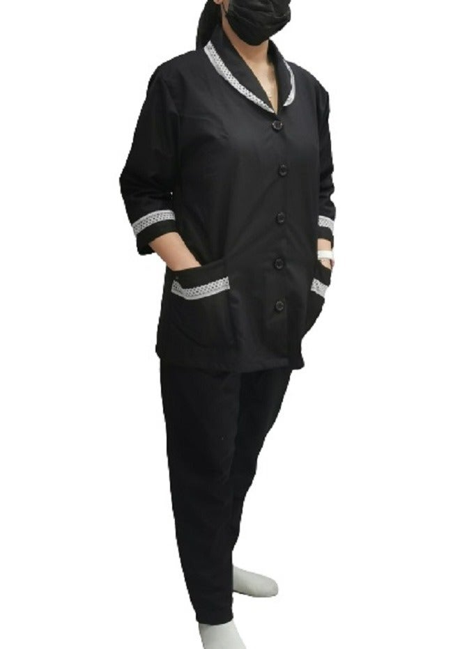 Domestic Helper Uniform Elegant Kolcha Design Black House Maid Uniform Set Top and Pants