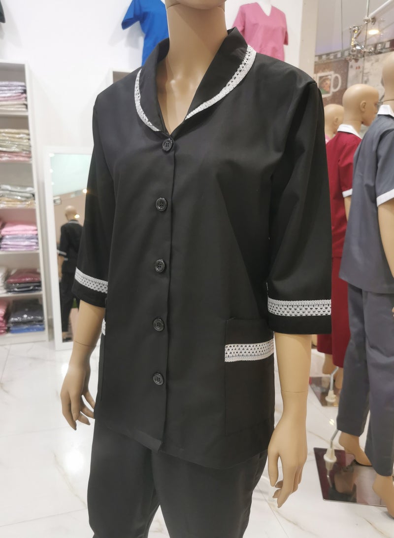 Domestic Helper Uniform Elegant Kolcha Design Black House Maid Uniform Set Top and Pants