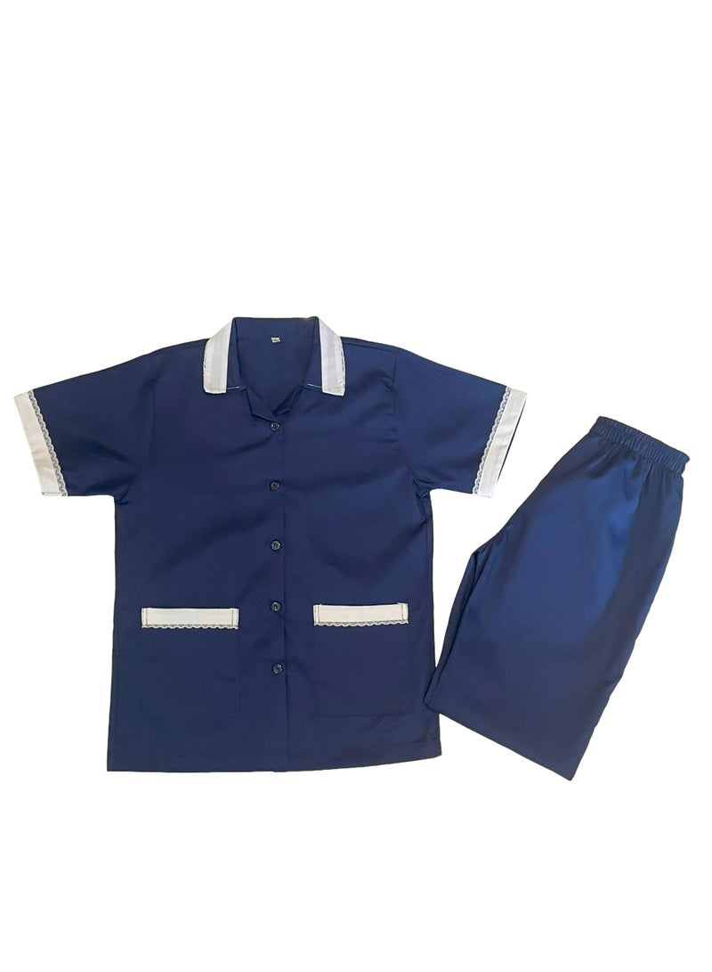 Maid Uniform with Buttons Top and Pants Navy Blue Domestic Helper Uniform