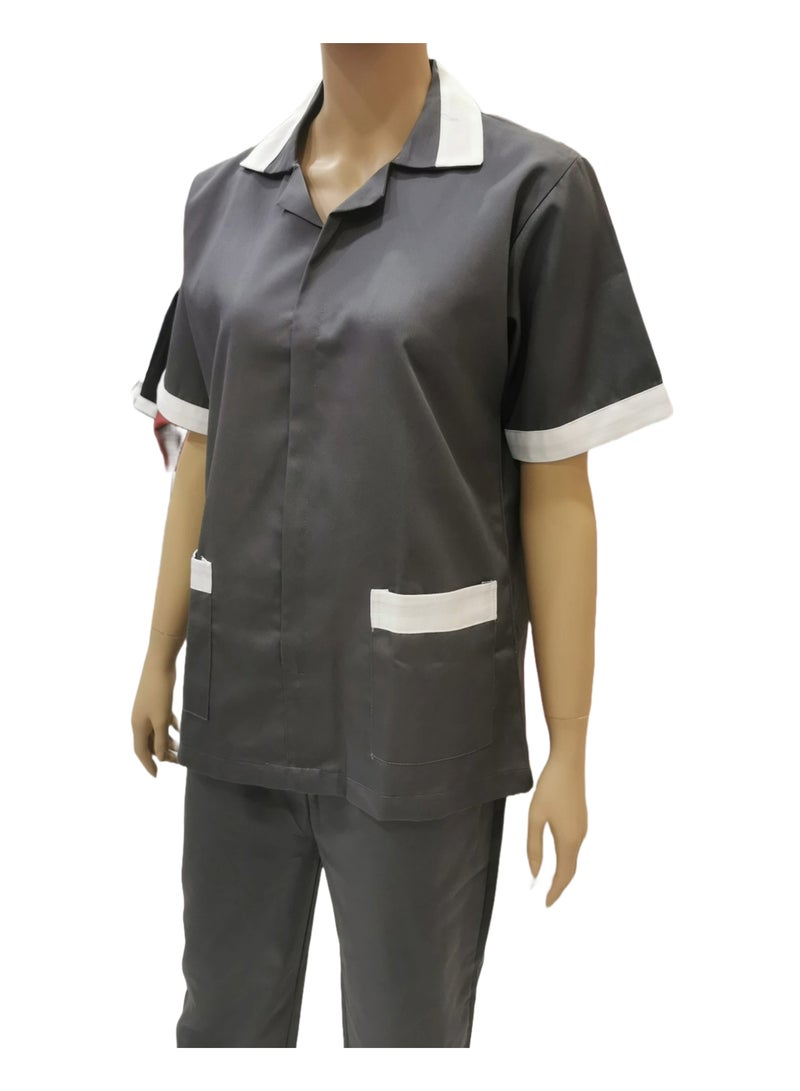 Maid Uniform with Zipper Top and Pants Grey Domestic Helper Uniform