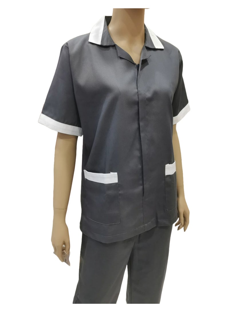 Maid Uniform with Zipper Top and Pants Grey Domestic Helper Uniform